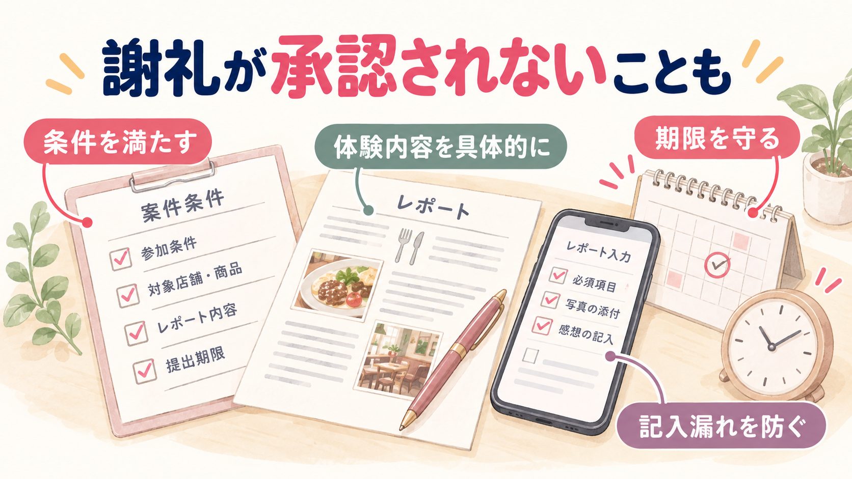 案件条件とレポート内容と提出期限を確認するモニター謝礼の注意図
