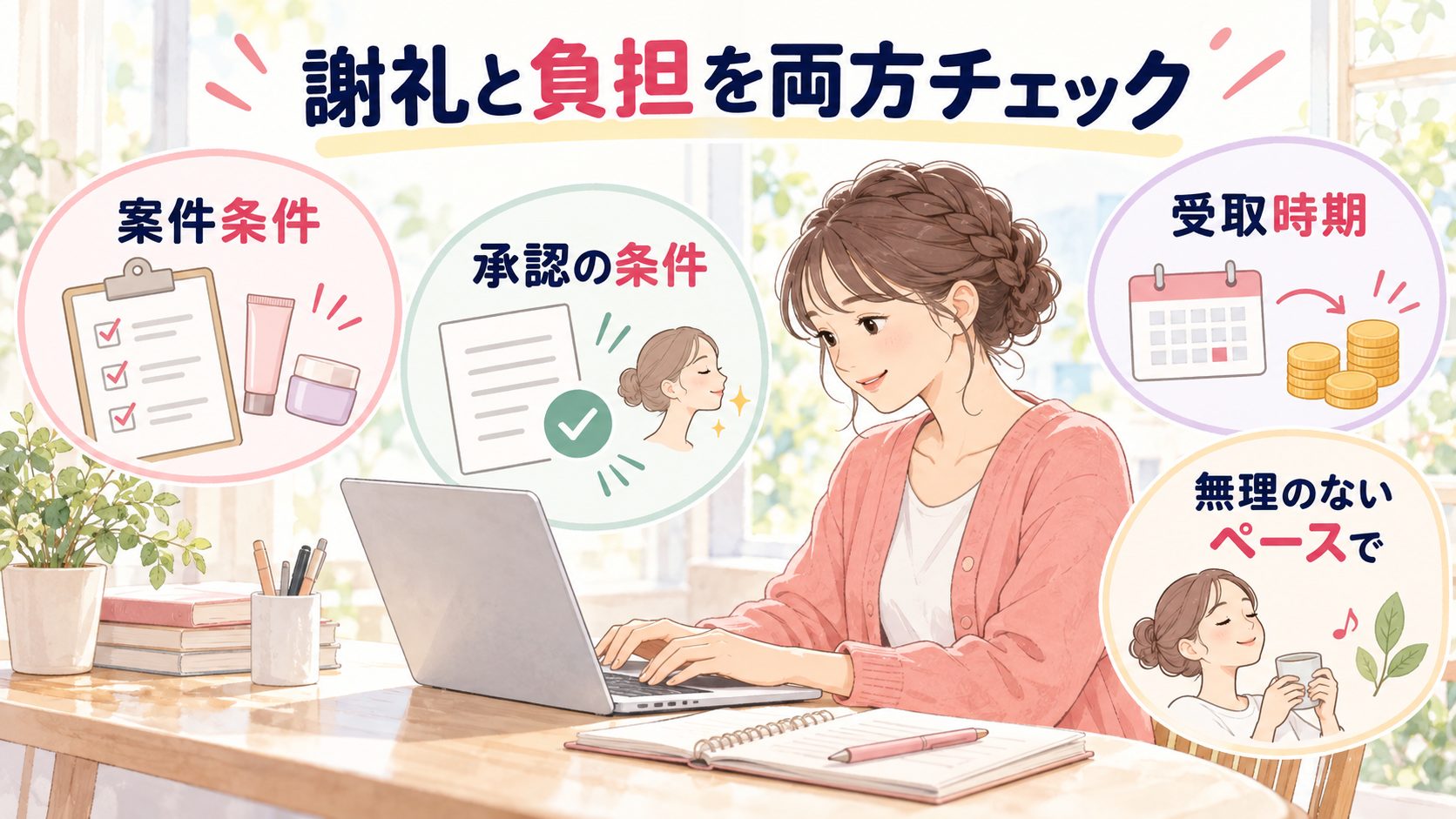 案件条件と謝礼承認と受取時期を確認する美容モニターのまとめ図
