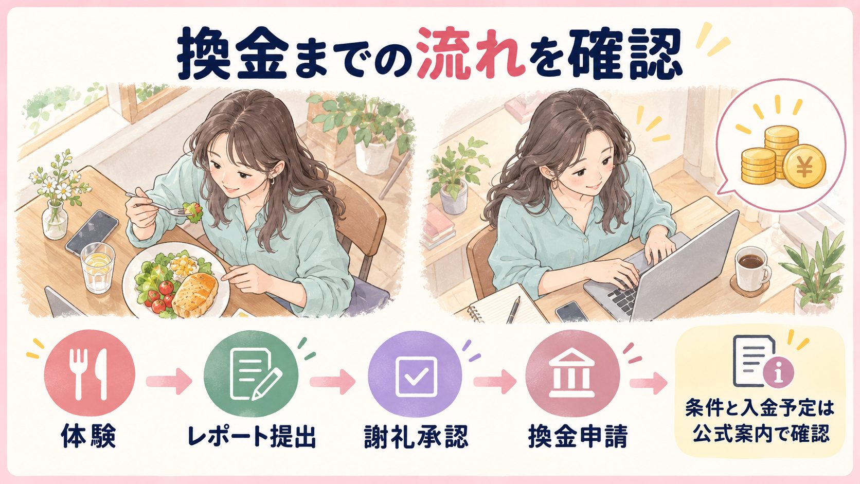 体験からレポート提出、謝礼承認、換金申請までを示す図