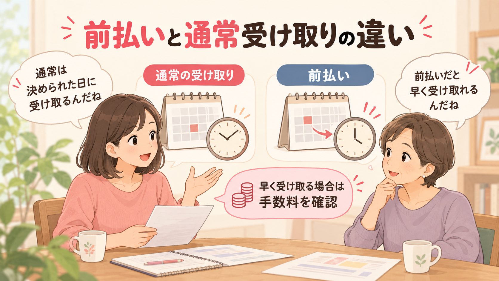 通常の支払い日と前払いをカレンダーと時計で比較した図