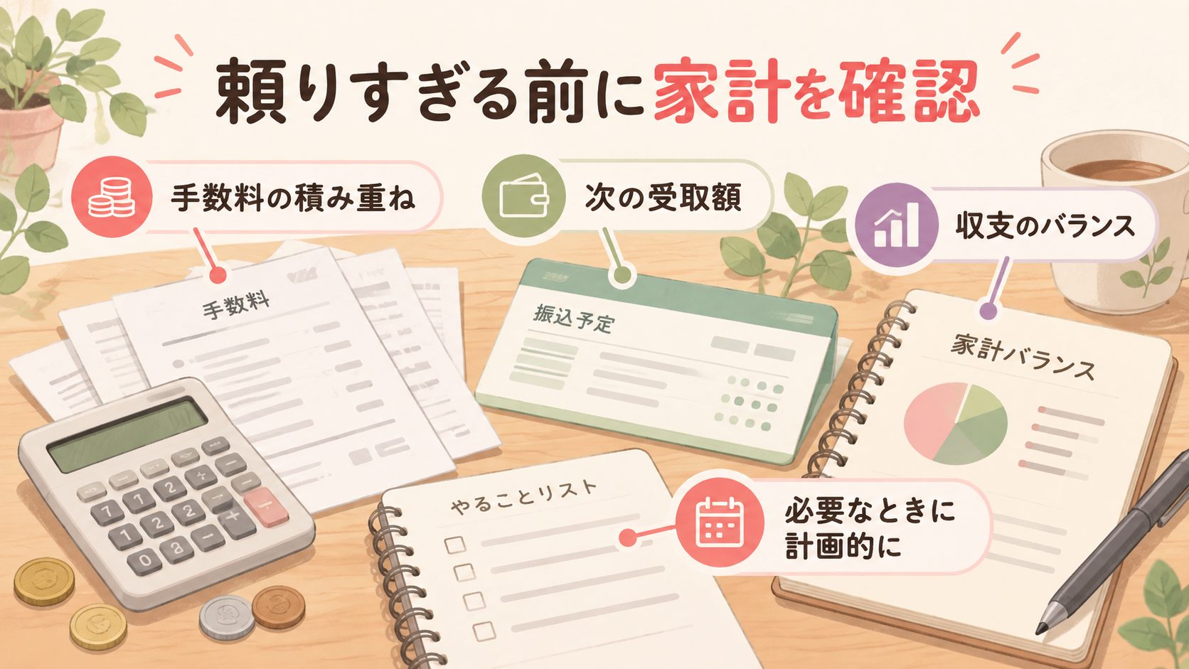 前払い手数料と次の受取額と家計バランスを確認する注意点の図