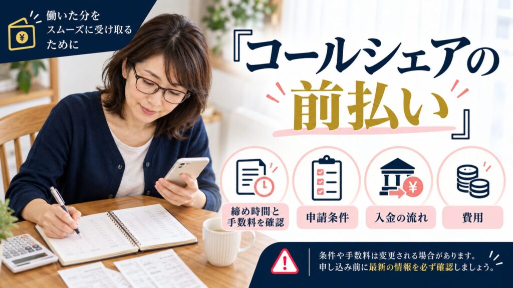 スマートフォンと家計簿を確認する女性と前払い条件のチェック項目