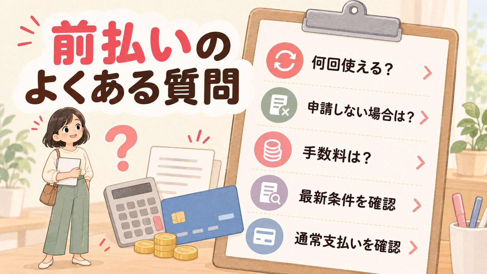 利用回数、通常支払い、手数料について前払いの案内を確認する質問図