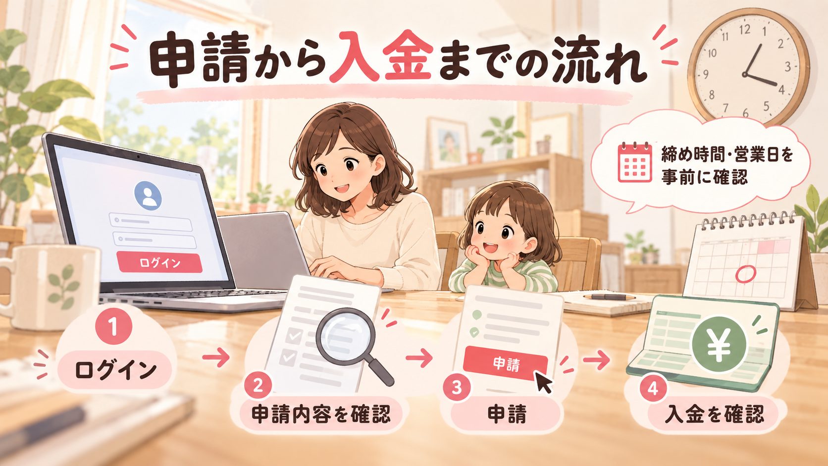 ログインから申請と入金確認までの四段階と締め時間の確認を示す図