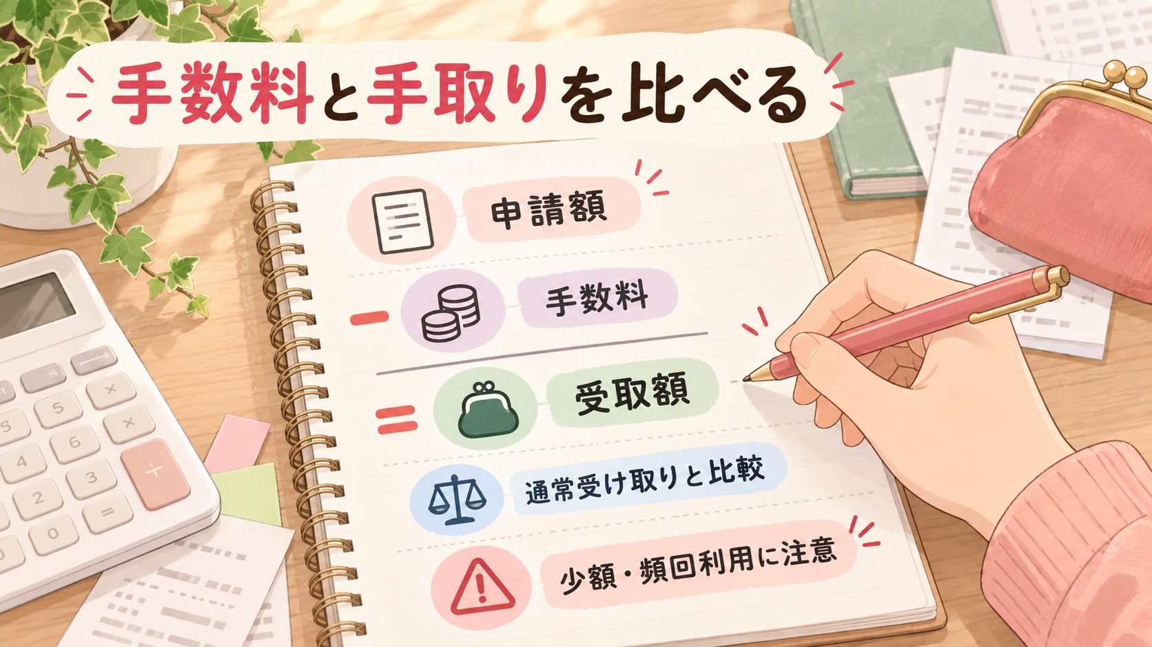 申請額から手数料を差し引いた受取額と、頻繁な利用への注意を示す図