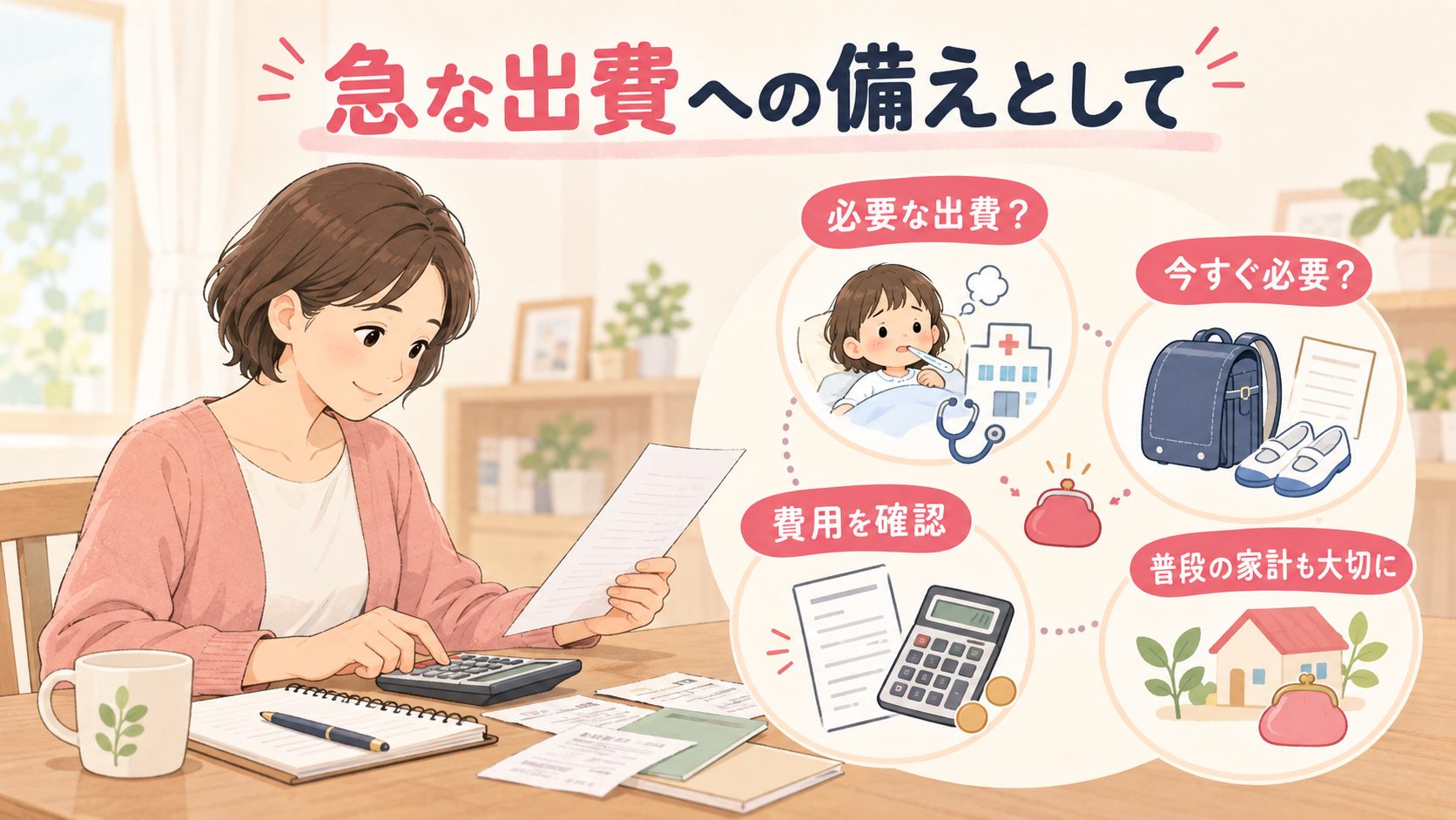 子どもの受診や学校の急な出費に備えて必要性と費用を確認する図