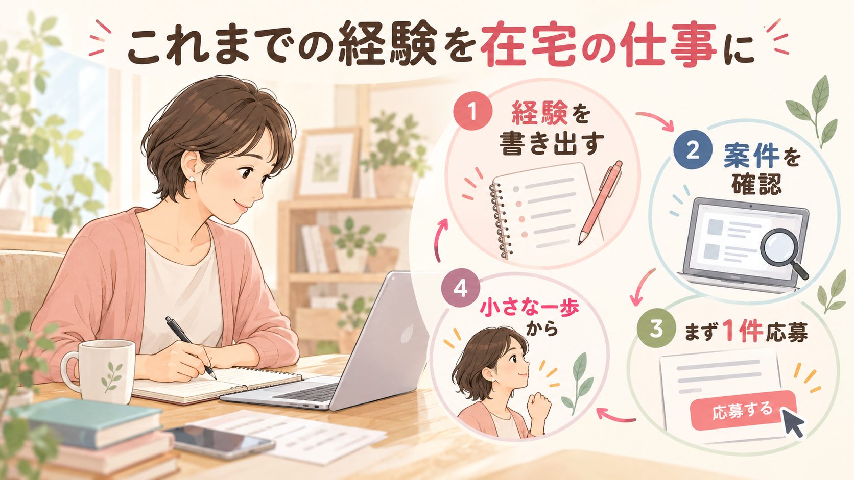 職歴を整理して案件を探し、最初の一件に応募するオンライン秘書のまとめ図