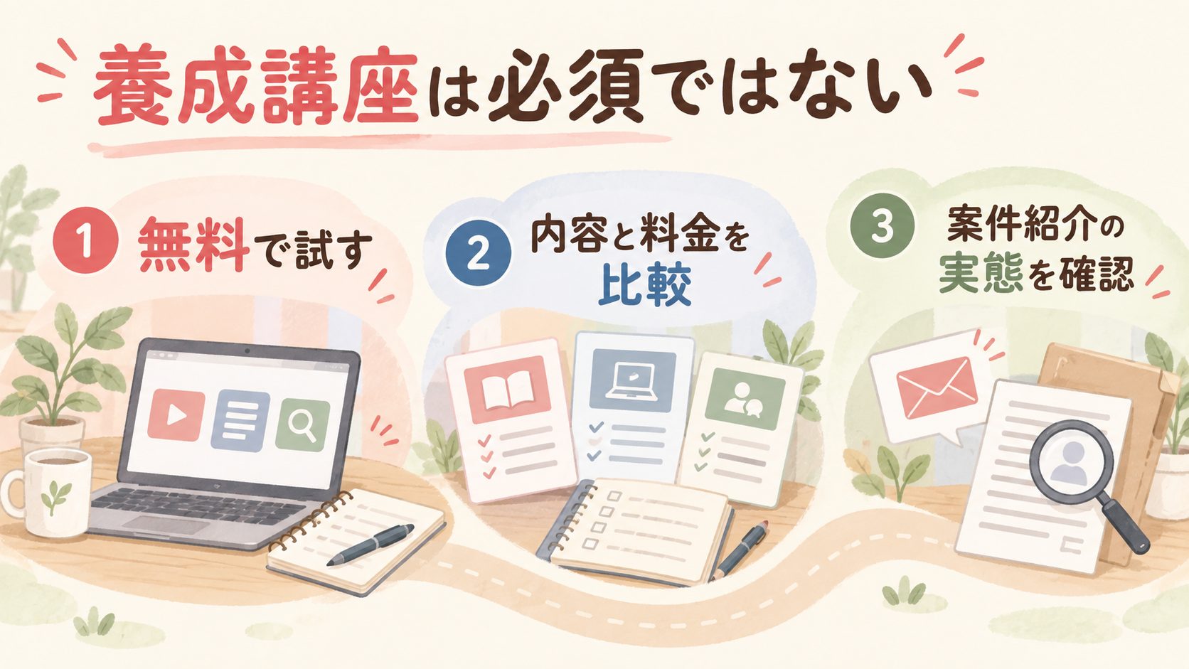 講座を検討する前に無料の方法、費用と内容、案件紹介の実態を確認する図