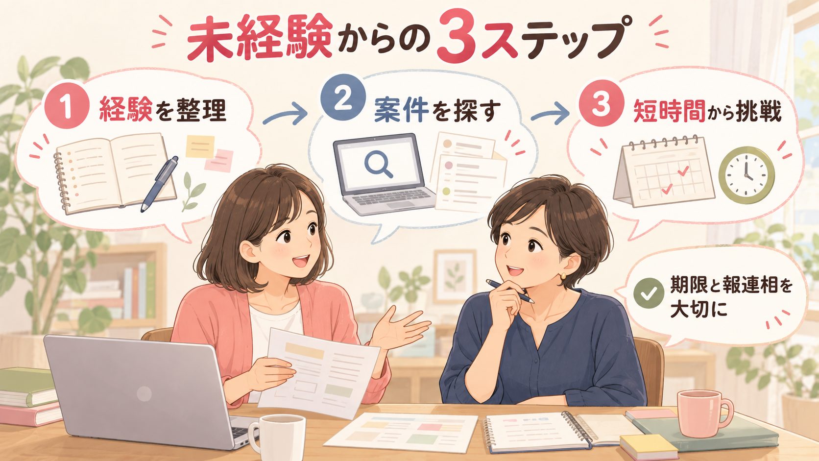 経験の整理、未経験向け案件探し、短時間の仕事への応募を示す三段階の図
