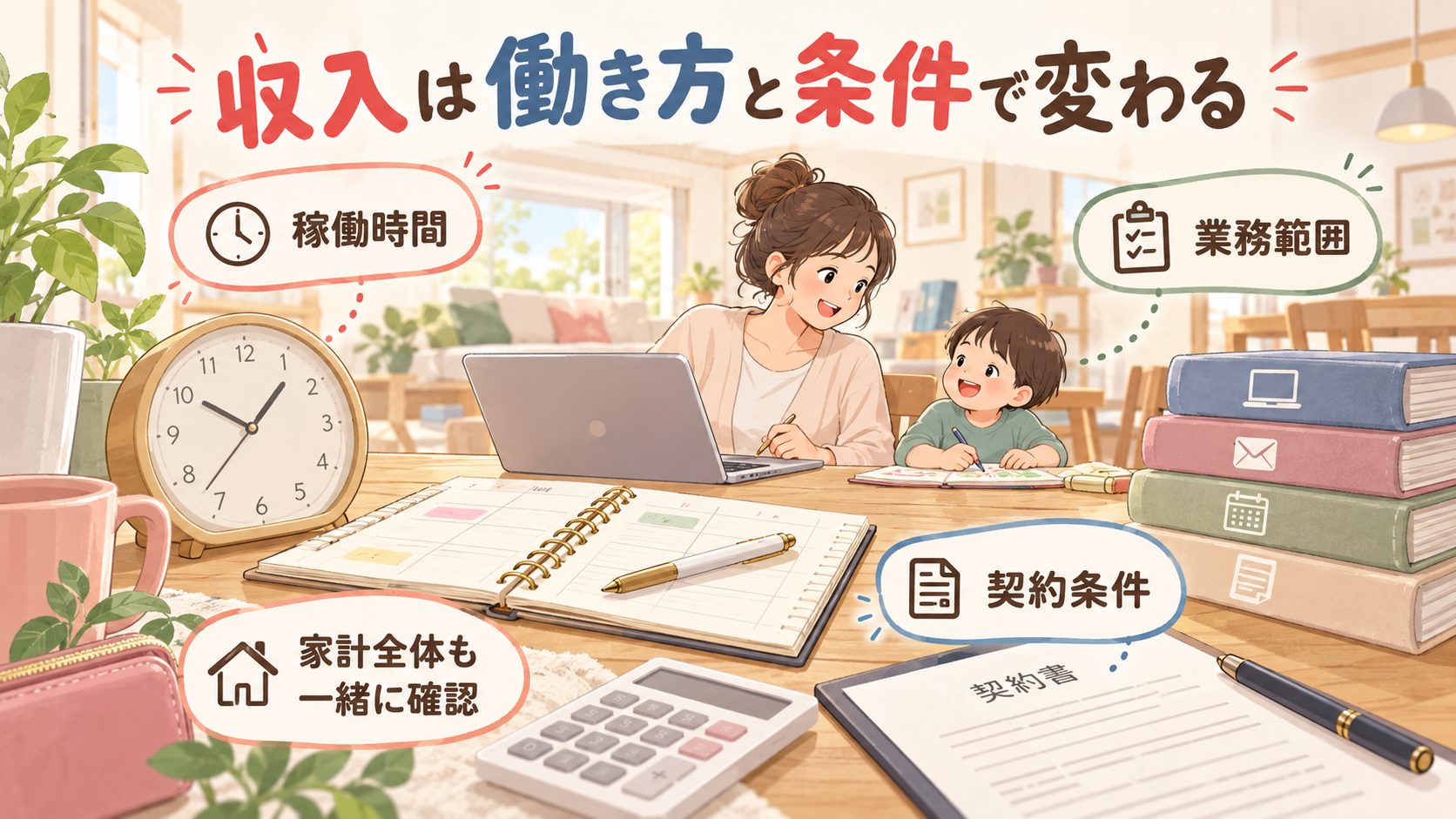稼働時間と業務範囲と契約条件からオンライン秘書の収入を考える図