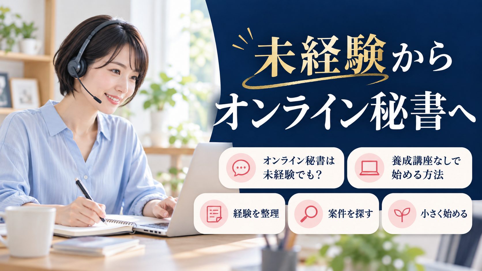 自宅でパソコンを使う女性と、オンライン秘書を始める三つの行動を示した画像