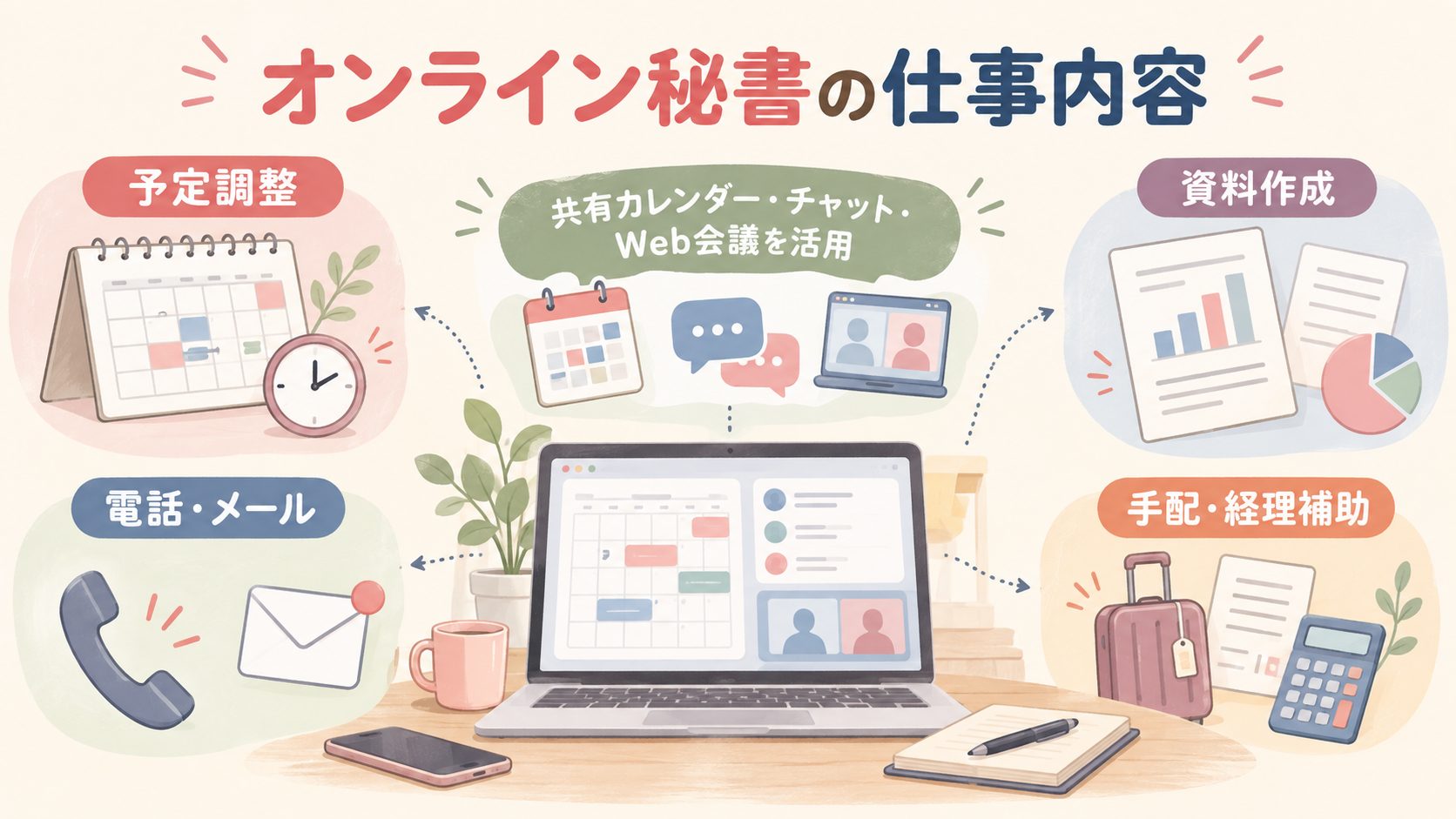 予定調整、電話とメール、資料作成、手配と経理補助を示すオンライン秘書の業務図